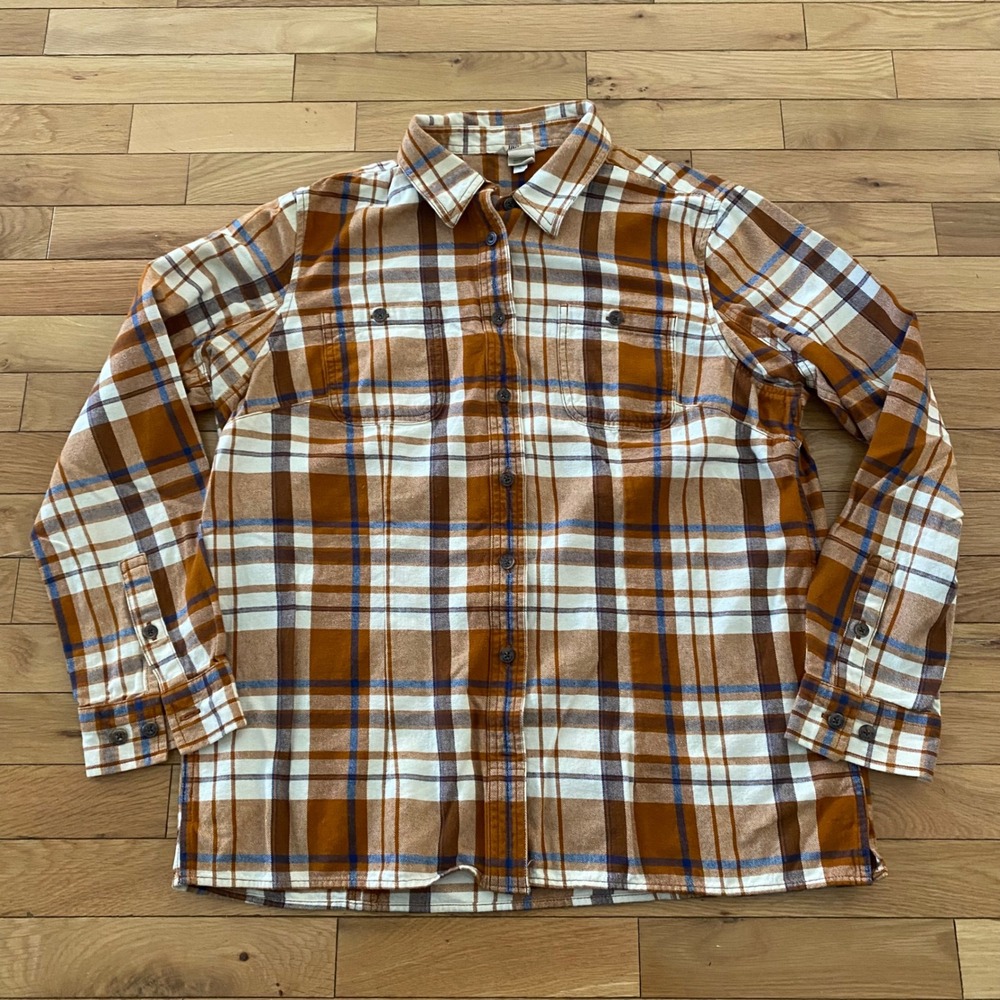 Duluth Trading Co Mens Large Flannel Plaid Button Down Shirt Brown Orange Cotton